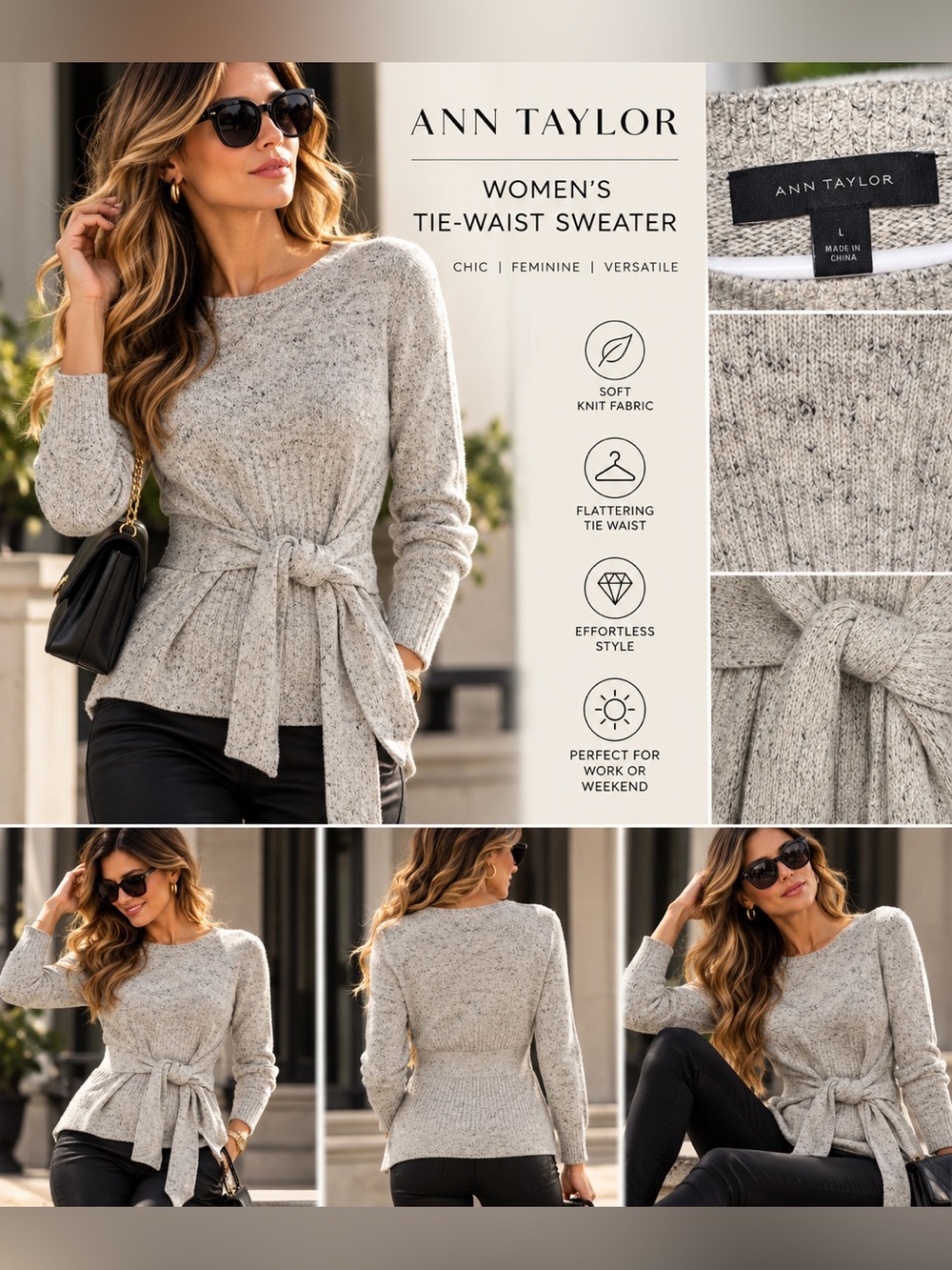 Ann Taylor Tie-Waist Crewneck Sweater - Light Heather Gray size Large
